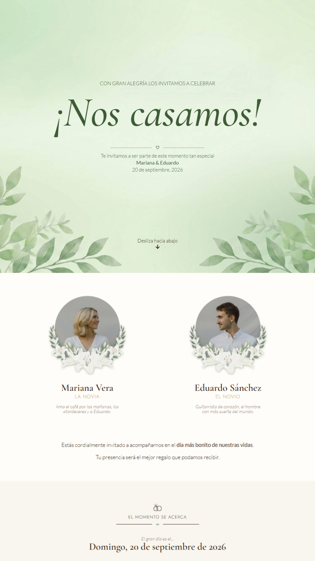 Invitación web estilo minimalista para boda