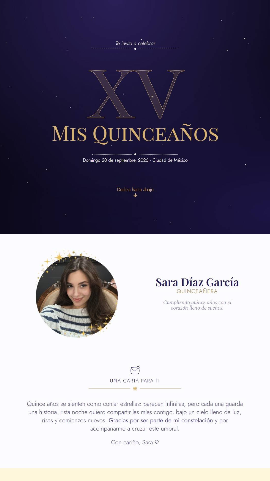 Invitación web estilo minimalista para XV años
