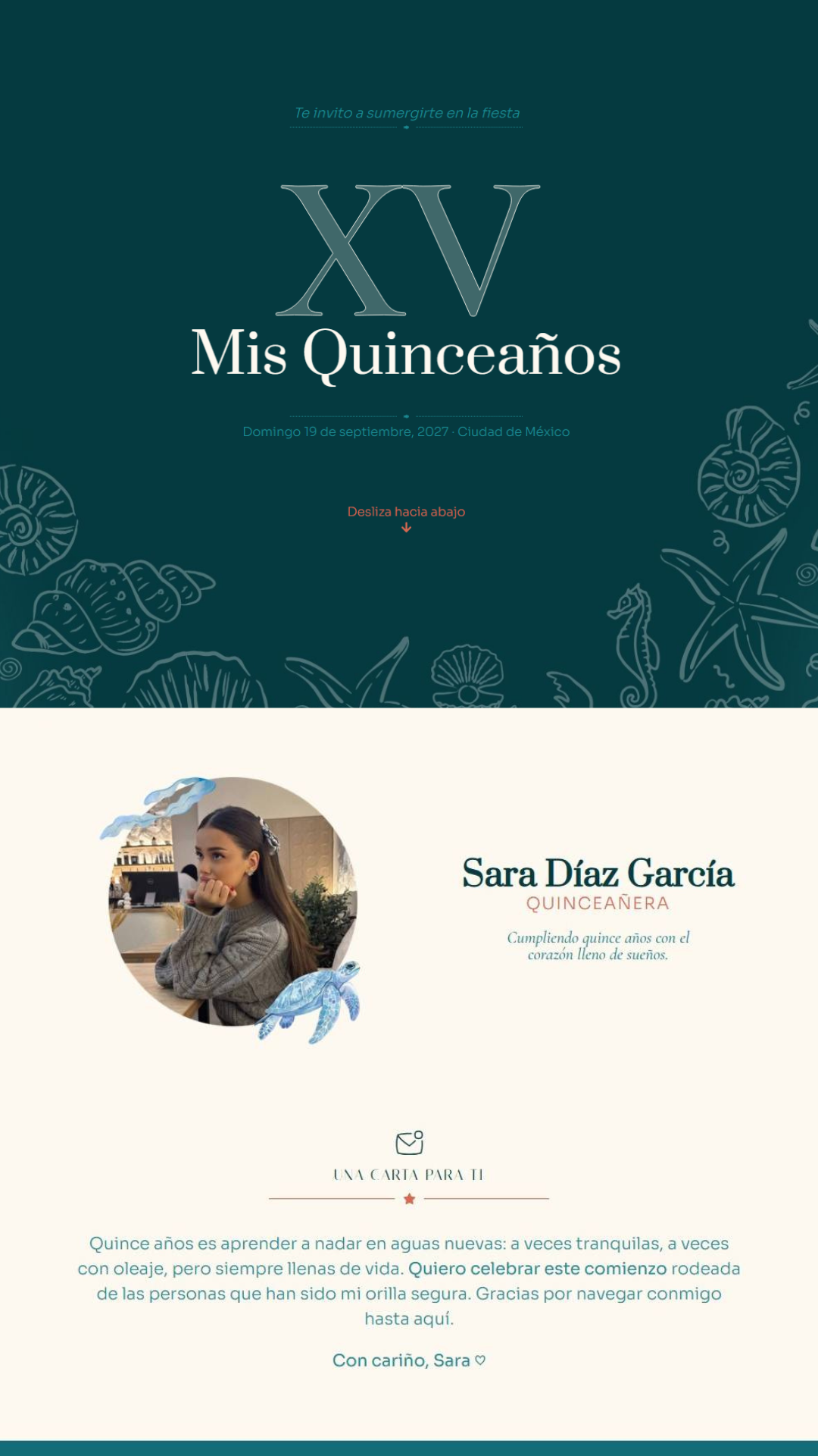 Invitación web estilo minimalista para XV años