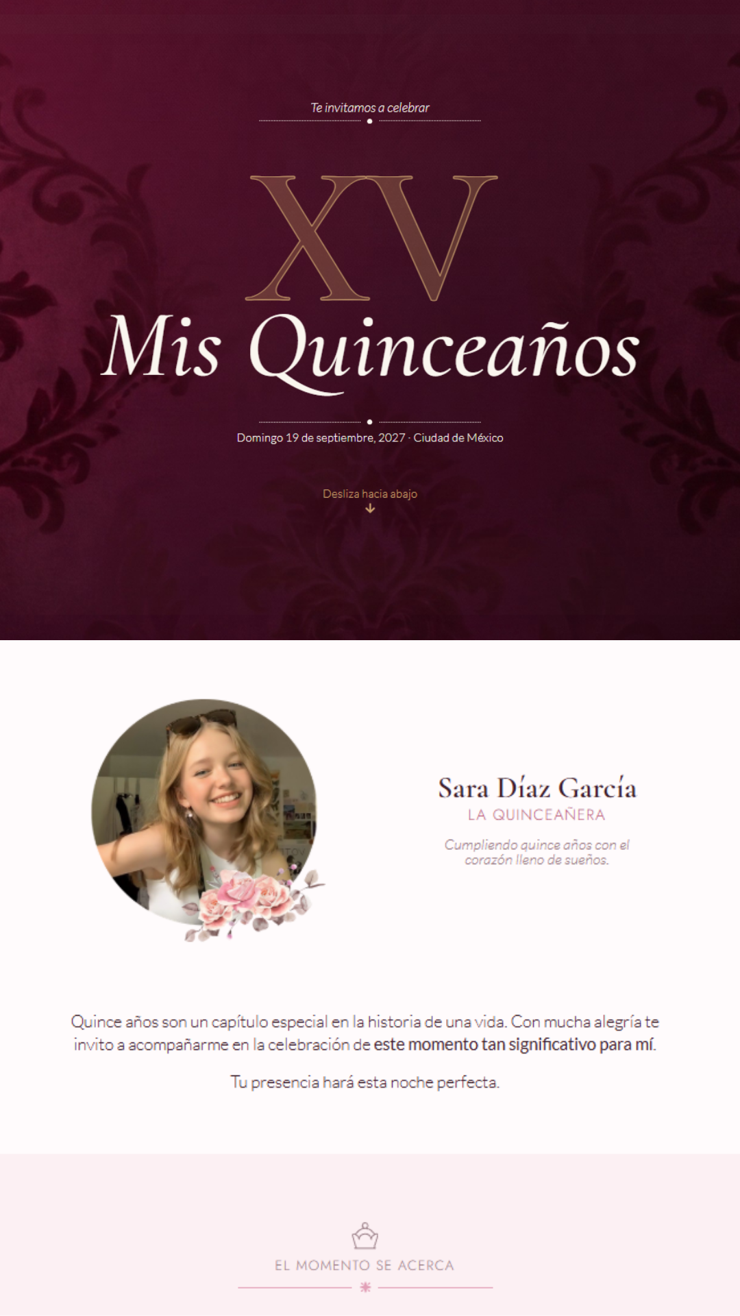 Invitación web estilo minimalista para XV años