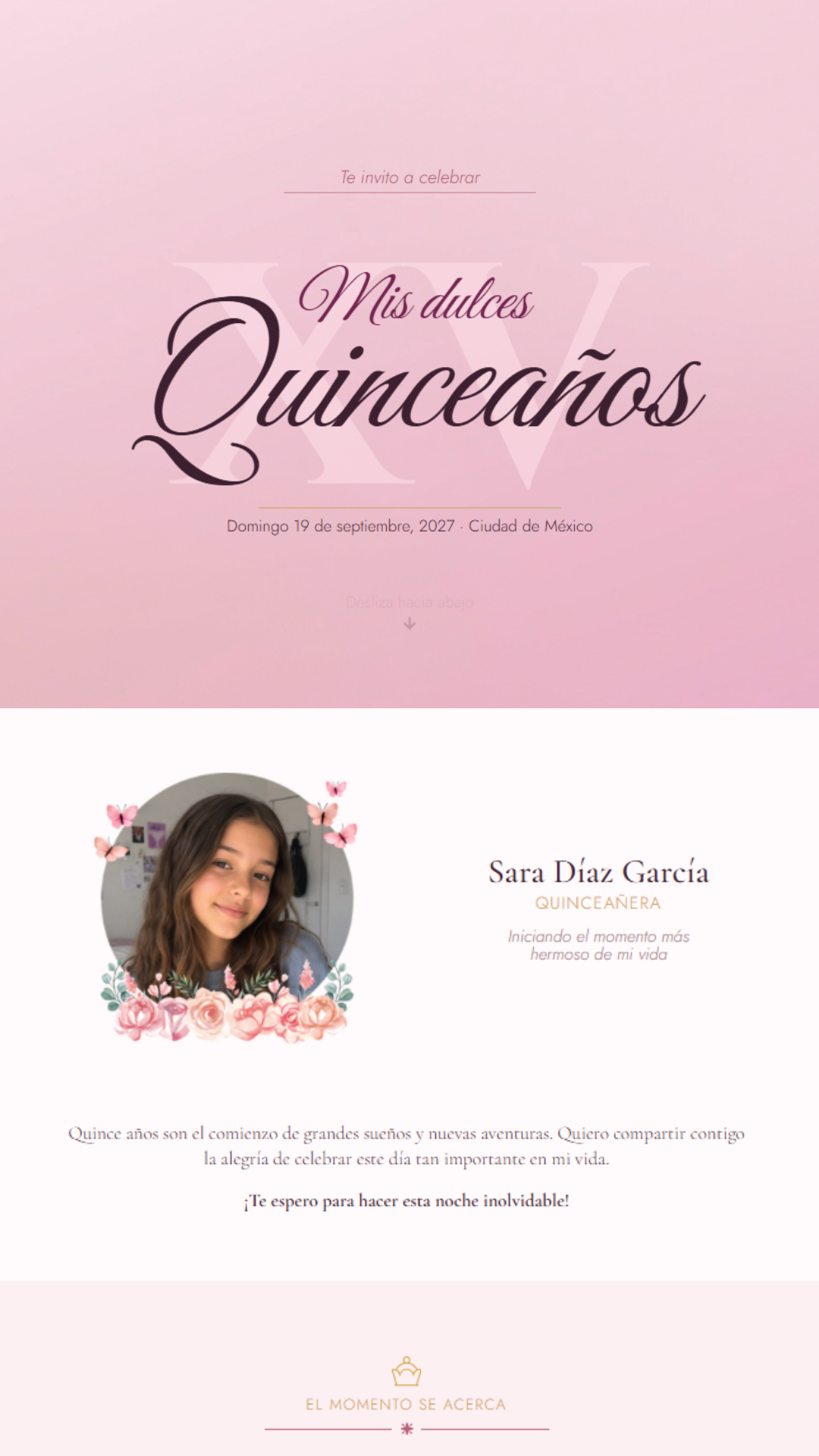 Invitación web estilo minimalista para XV años