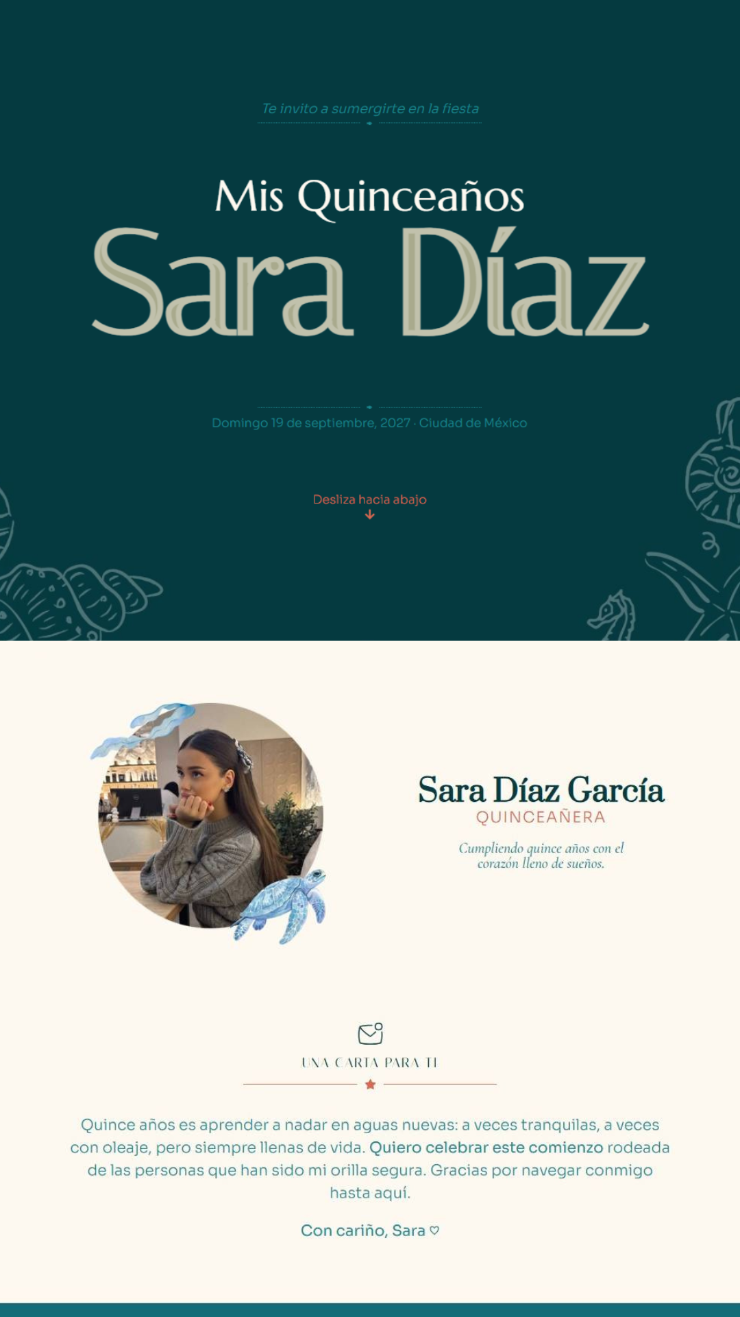 Invitación web estilo minimalista para XV años