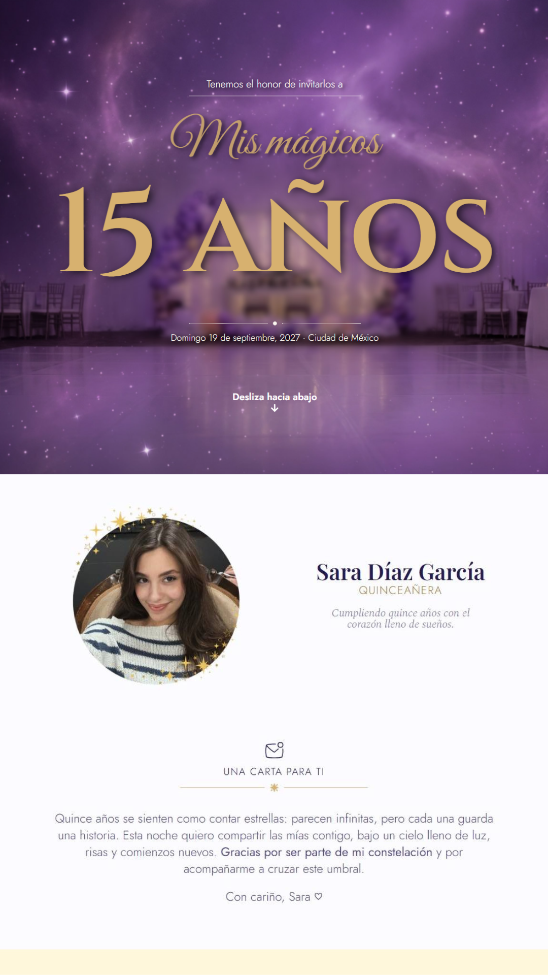 Invitación web estilo minimalista para XV años